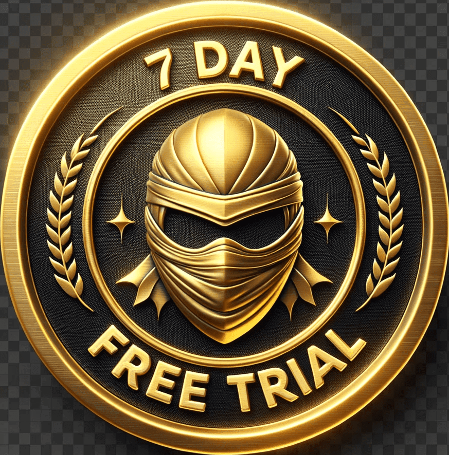 DALL·E 2023-10-26 16.16.32 - Digital rendering of a lustrous gold badge featuring embossed '7 Day Free Trial' text. Surrounding the text is a faint outline of a ninja mask, adding